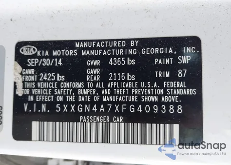 2015 Kia Optima Ex из США, поврежденный, VIN 5XXGN4A7XFG409388